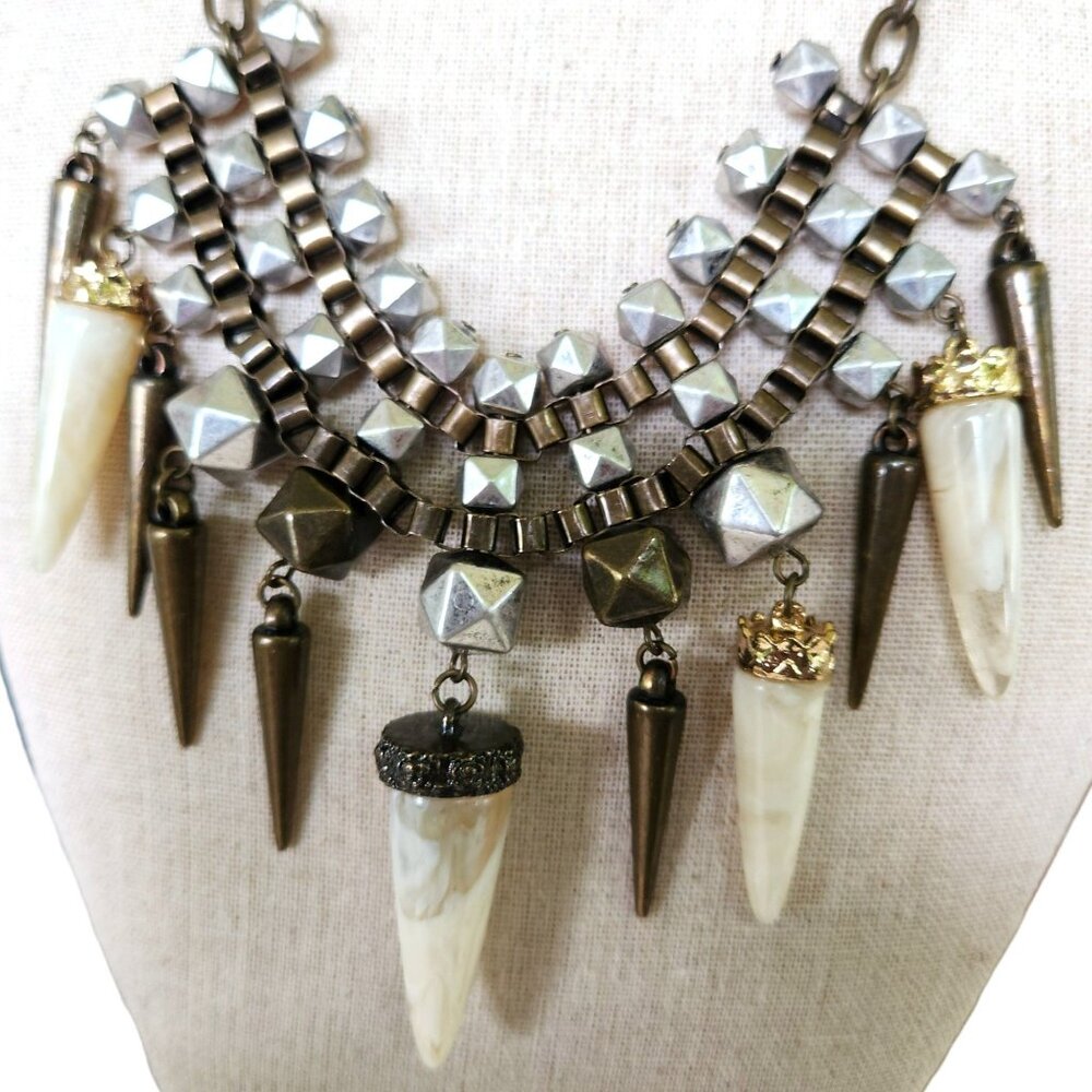 Chunky Tribal Statement Chain Necklace w/Silver Beads & Faux Ivory Spikes